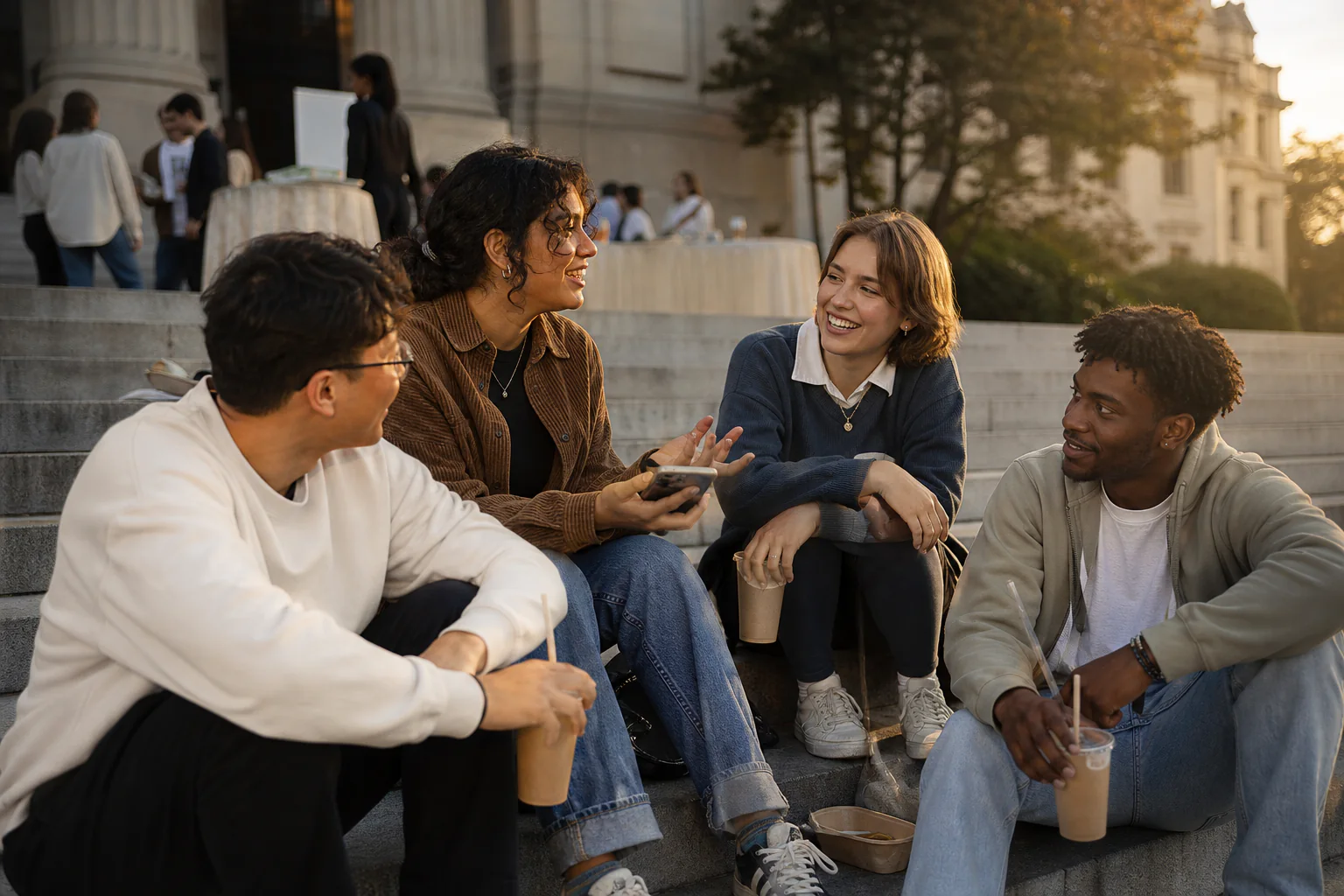 College friends sharing a memorable moment after a campus event