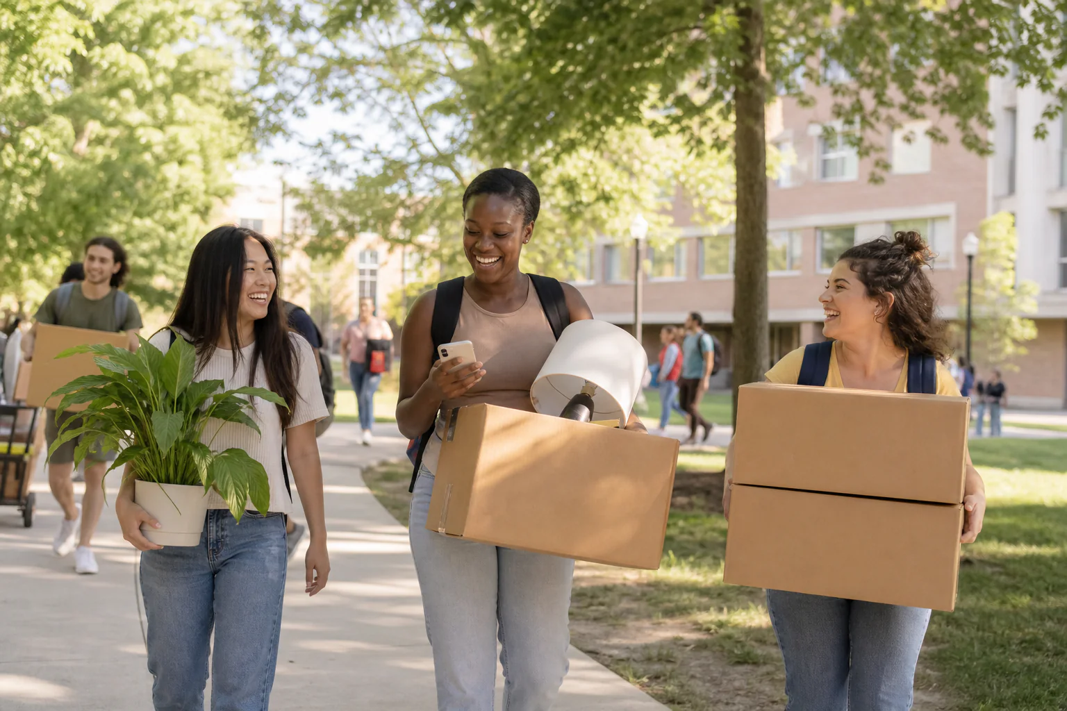 College roommates carrying move-in essentials across campus