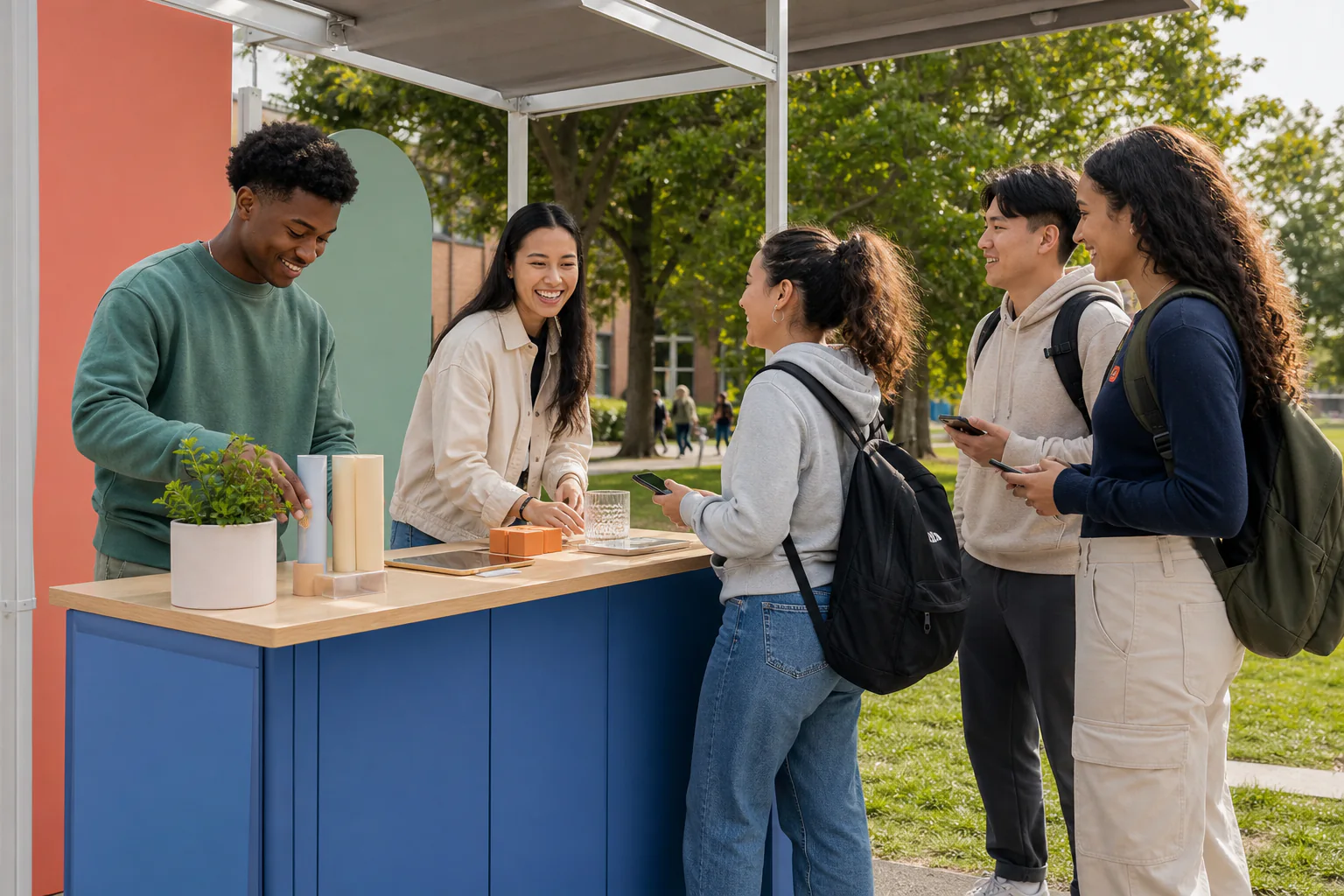 Student ambassadors welcoming classmates to a campus pop-up