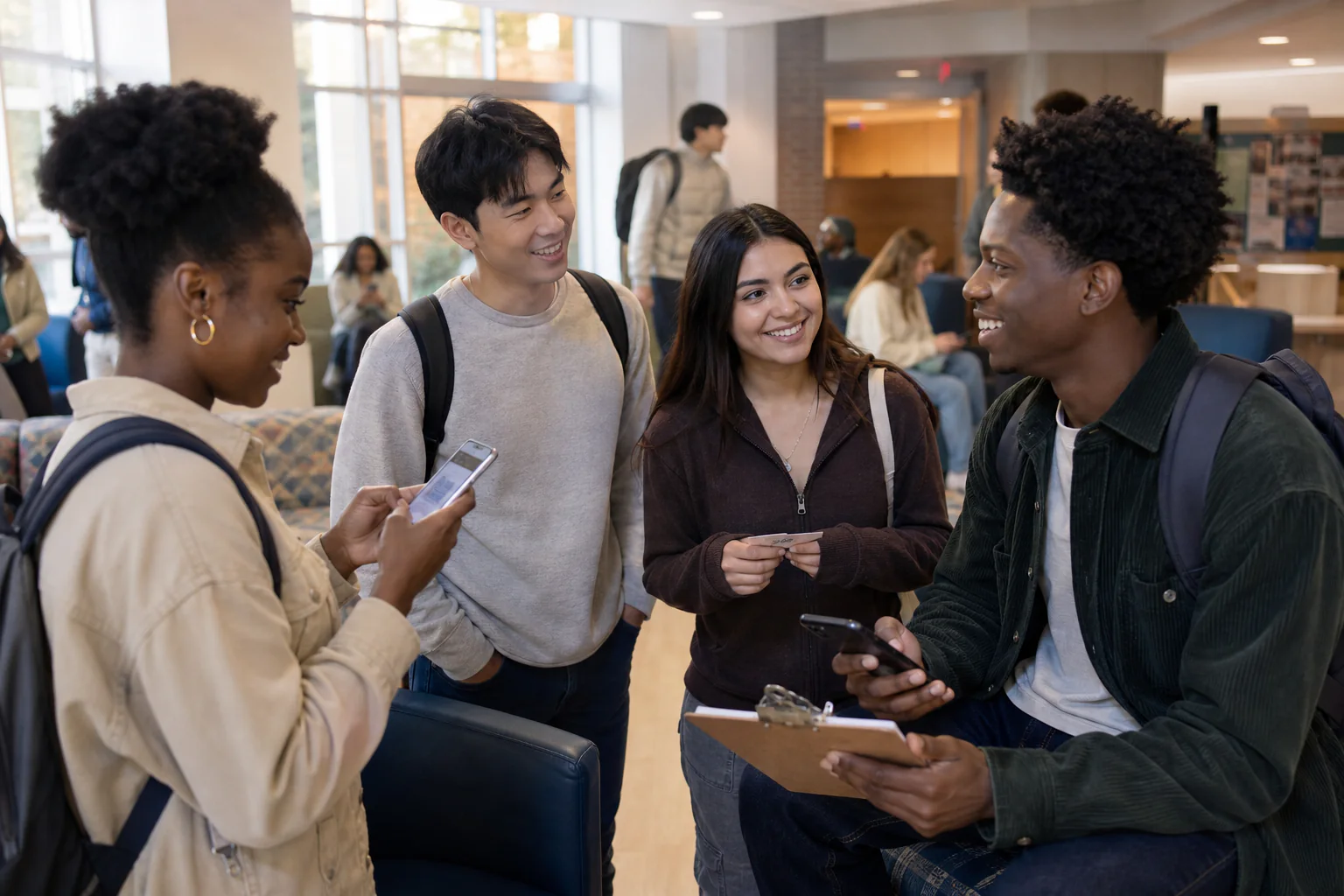 College students discussing a peer ambassador opportunity