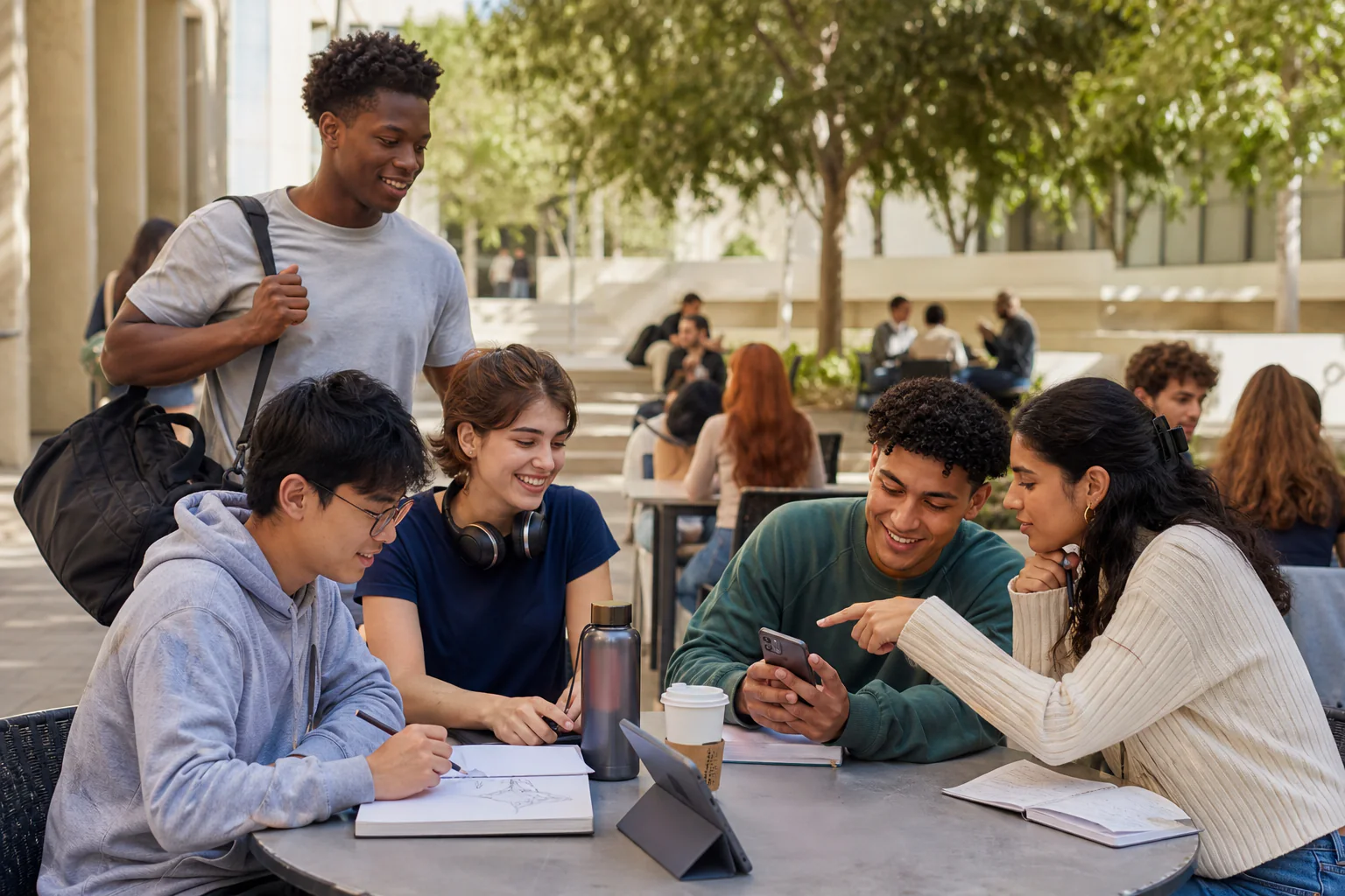 College friends with different interests gathering in a campus courtyard