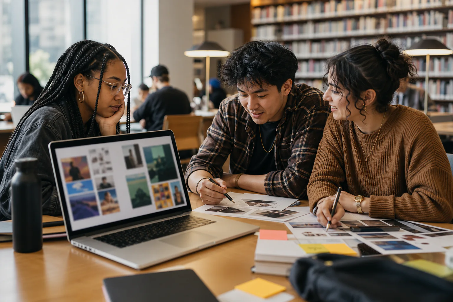 College student creative team reviewing AI-assisted campaign concepts