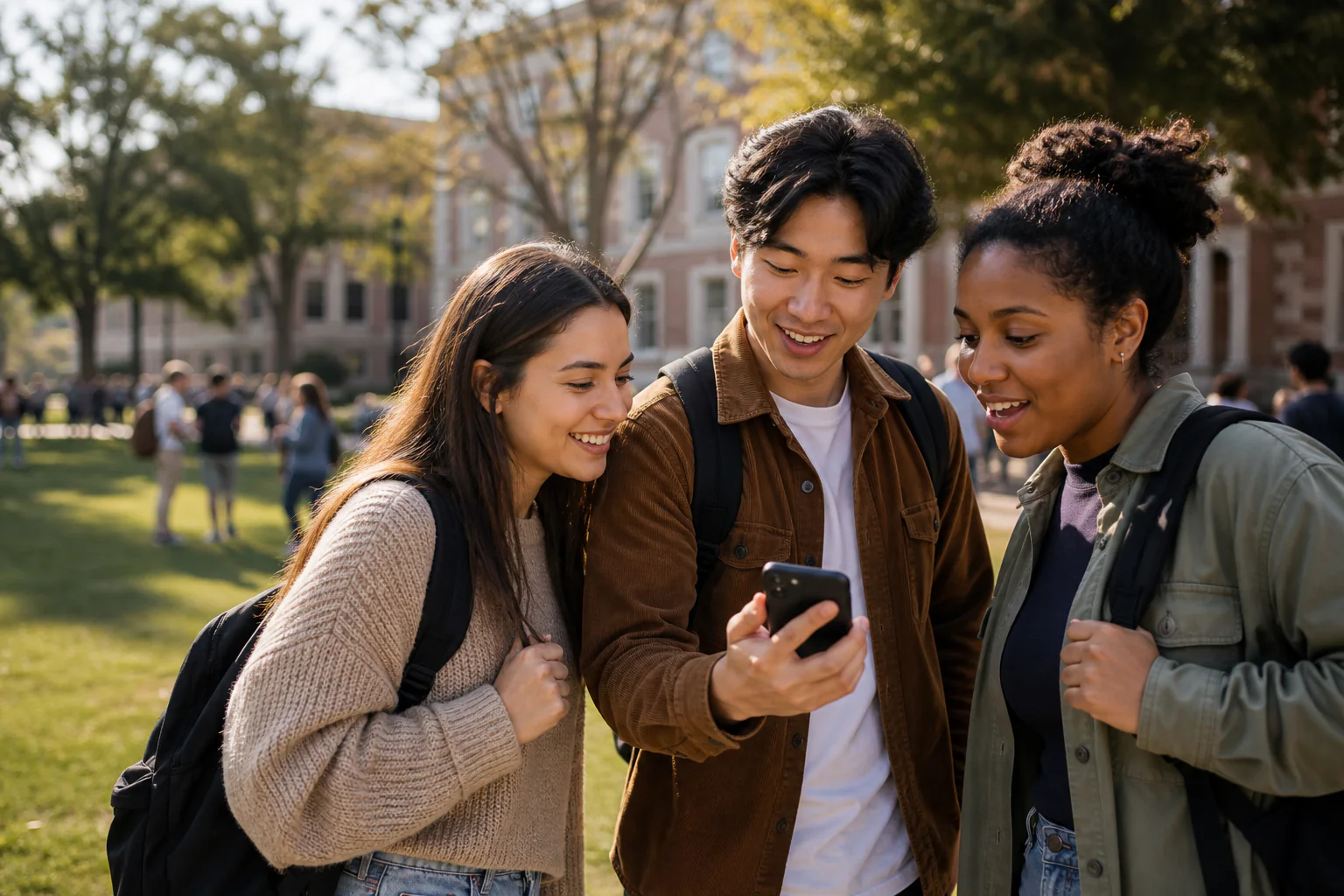 Three college students discovering relevant content together on a campus quad