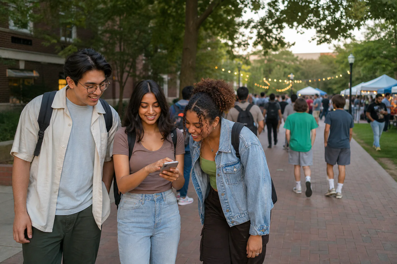 College friends using a phone before heading to a campus event