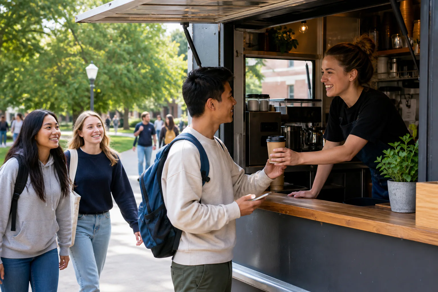 College student buying coffee from a small business near campus