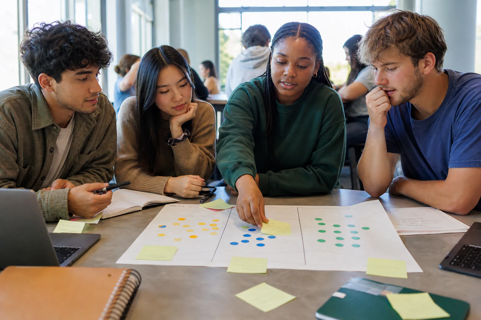 College students organizing poll responses into marketing actions